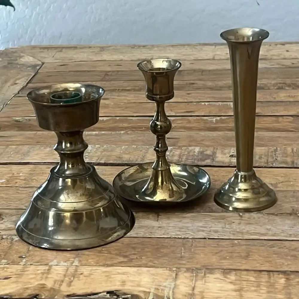Vintage Solid Brass Candlesticks Set of 3 Different Shapes & Sizes